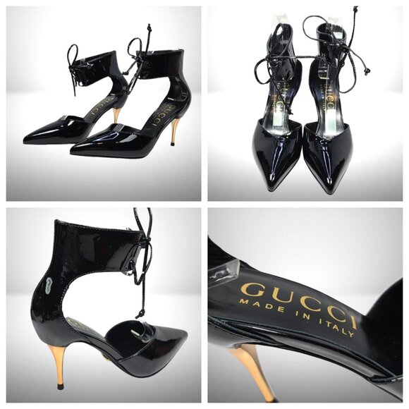 Gucci Priscilla Black Patent Leather Ankle Cuff Pumps Size:37 - Picture 1 of 9